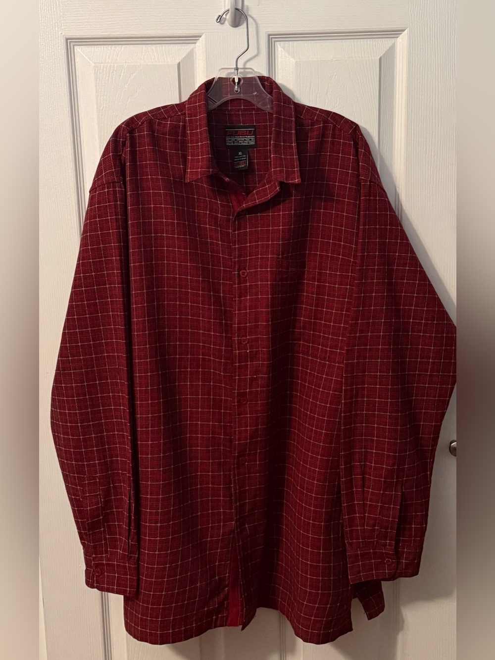 FUBU Men's Burgundy Red Windowpane Button-Down Shirt
